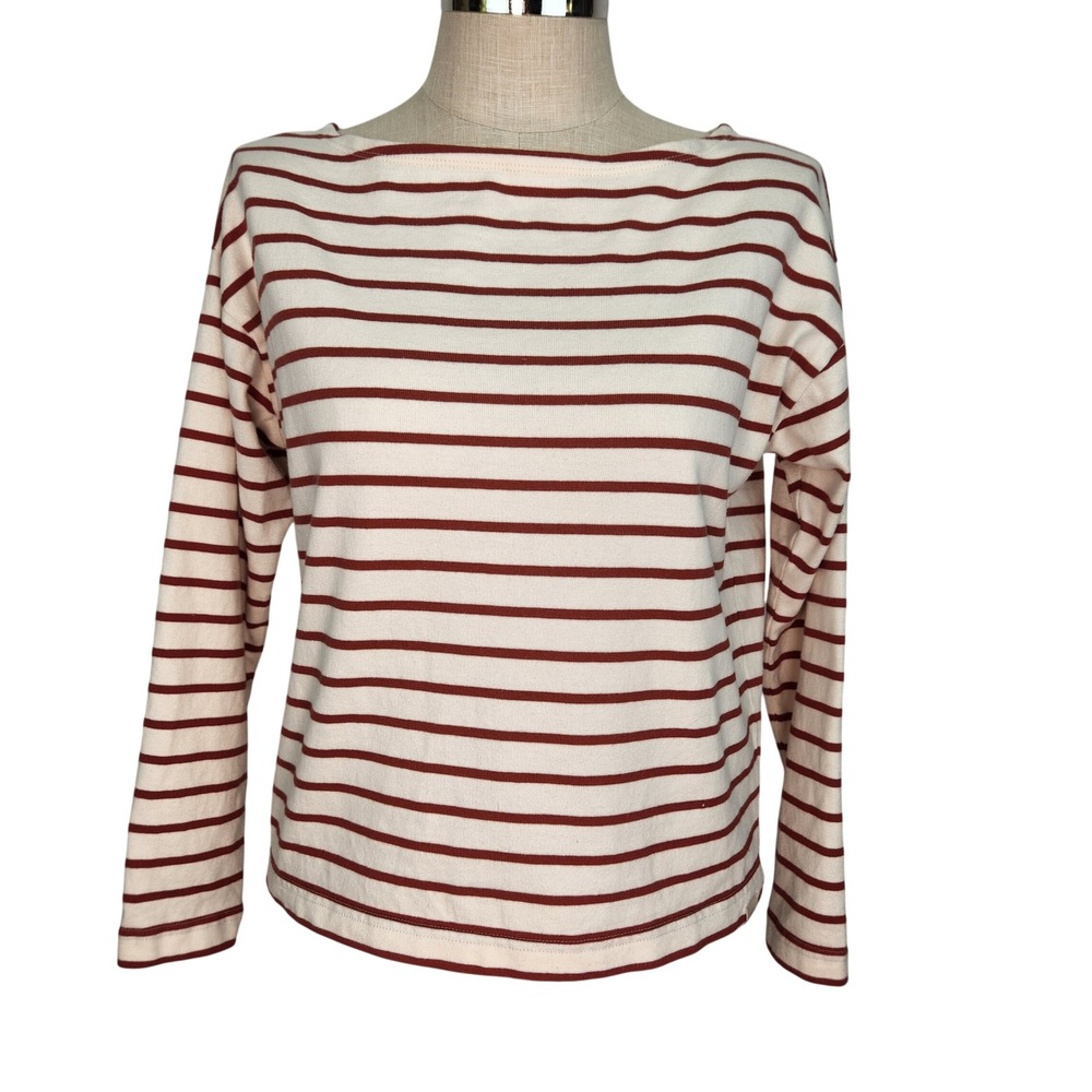 Faherty Striped Organic Cotton Boatneck Top Cream Rust Red Small Long Sleeve